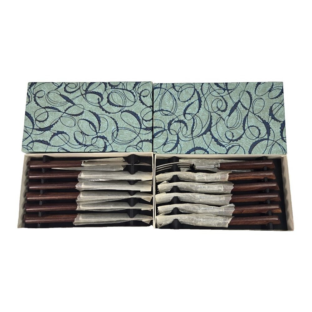 Vintage MCM Steak Knife & Fork Box Set Teak Wood Handles Barker Dixon Sheffield